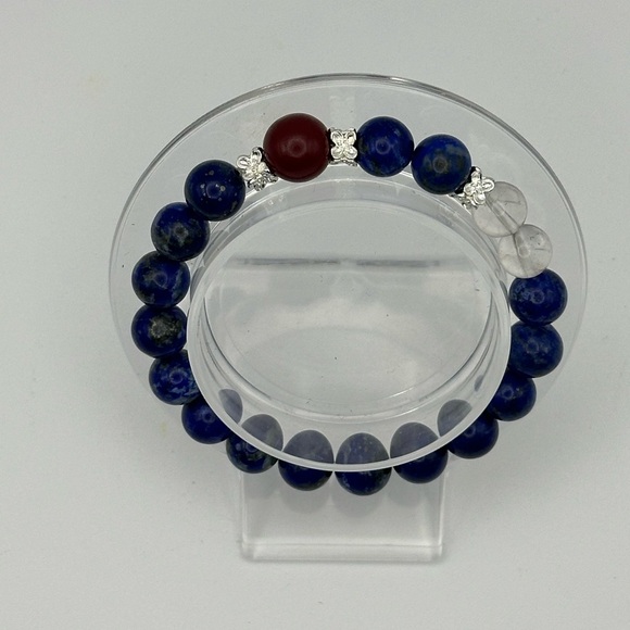 Cinnabar, Lapis Lazuli, and Clear Quartz Beaded Bracelet (Red, White, and Blue) - Picture 4 of 6